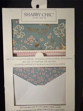 Shabby Chic Teal Floral Thank You Cards with Pink Flowers & Gold Foil